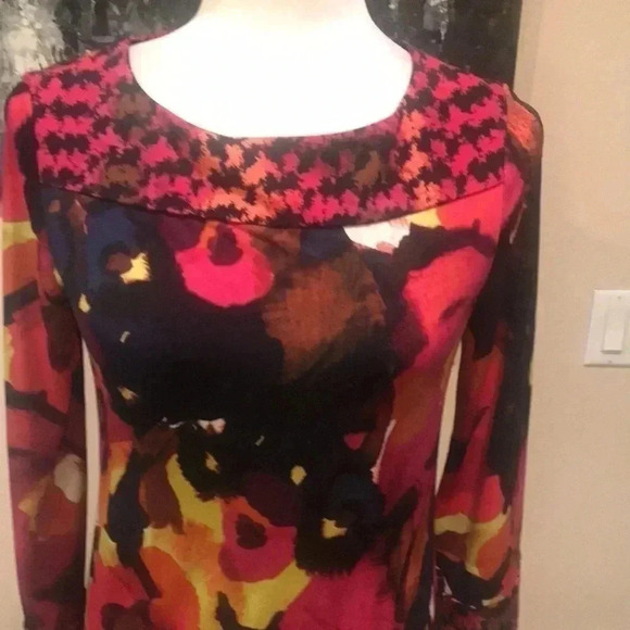Alfani Floral Multicolor 3/4 Bell Sleeve Mini Dress with Abstract Trim-Size XS - Picture 6 of 11